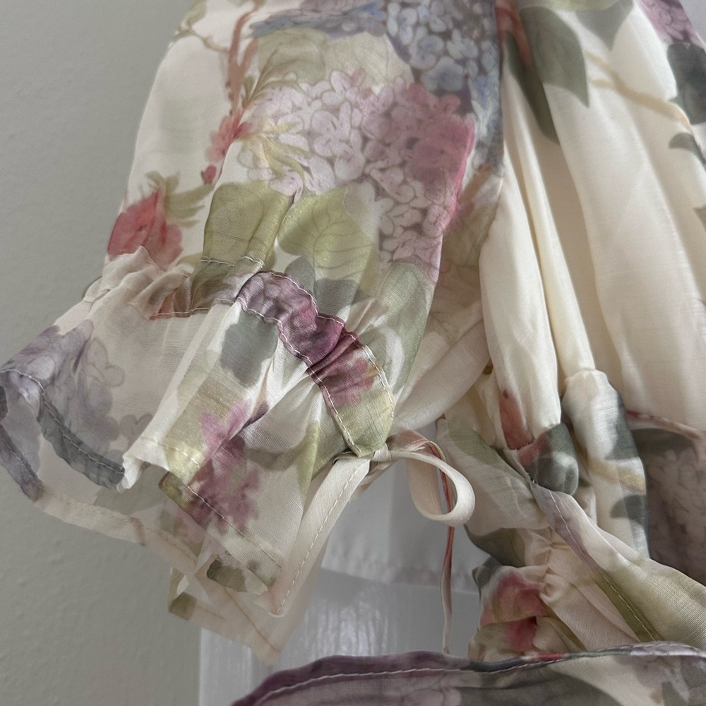 Floral Chiffon Drawstring Blouse - Cream with Pastel Florals